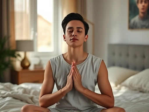 A calm person practicing 4-7-8 breathing in a peaceful bedroom, soft lighting, focus on serenity and ease, illustrating relaxation and deep sleep. Natural light, cozy atmosphere, focus on comfort.