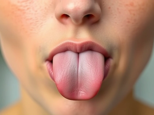 Close-up of a person's mouth and nose demonstrating the specific tongue position for 4-7-8 breathing, with subtle visual cues of airflow, conveying focus and precise technique for relaxation.