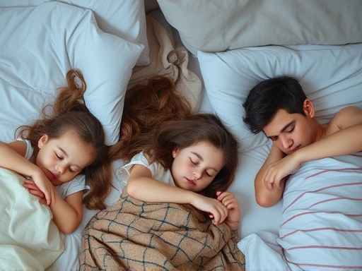A diverse group of people from different age groups (baby, child, teenager, adult, senior) peacefully sleeping in their respective comfortable settings, conveying calm and well-being, soft lighting.
