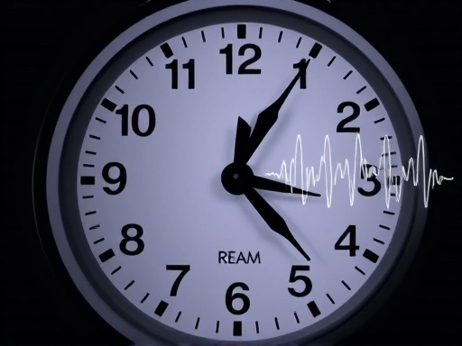 A close-up shot of a stylized clock face showing different sleep stages (REM, deep sleep) or a simplified brain wave pattern, subtly illustrating sleep pattern changes across ages, with digital elements.