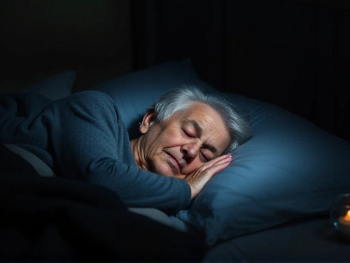 An elderly person peacefully sleeping in a cozy, dim bedroom, suggesting the comfort of a good night's rest despite aging sleep patterns.