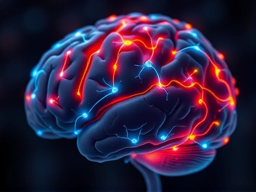 Close-up of a brain with various neural pathways lighting up, representing the complex interplay of hormones and circadian rhythms in an aging sleep cycle.