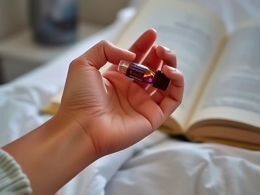 Close-up of a hand gently applying diluted lavender aroma oil to a wrist, with a blurry background of a bedside table and an open book, illustrating a peaceful nightly ritual for sleep aid.