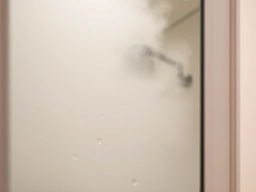 A close-up shot of a bathroom mirror fogged up with steam, showing high humidity, with water droplets on surfaces, highlighting the damp environment that could affect sleep and health, clean and minimalist bathroom background.