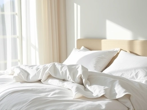 A comfortable, serene bedroom scene with soft, natural light, focusing on various luxurious and breathable bedding materials like organic cotton, smooth modal, and crisp linen, creating a peaceful sleep environment.