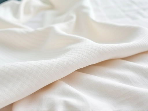 Close-up detailed shot of different fabric textures on a bed, showcasing the intricate weaves of high-quality cotton, the subtle sheen of Tencel, and the unique texture of linen, emphasizing comfort and material quality.