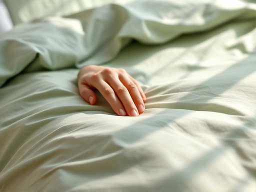 Close-up of a hand gently touching a sage green duvet cover on a bed, with soft sunlight filtering through, highlighting the texture and calming color for a peaceful sleep environment.