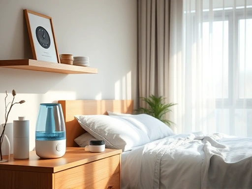 A cozy, modern bedroom with a humidifier subtly visible on a nightstand, diffused natural light, a comfortable bed, and a digital hygrometer on a shelf, symbolizing health and comfort.