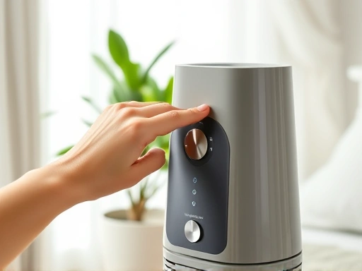 Close-up of a hand adjusting the settings on a sleek, modern humidifier, with a green plant in the background, emphasizing user interaction and a fresh, comfortable bedroom environment.