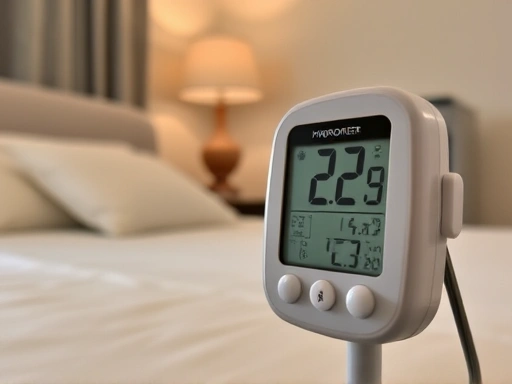 Close-up of a digital hygrometer displaying humidity levels in a bedroom, with a dehumidifier in the background, illustrating the measurement and control of air moisture for better sleep. Keywords: digital hygrometer, humidity levels, air moisture control.