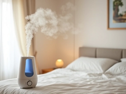 A cozy bedroom with a humidifier emitting a fine mist, showing optimal humidity for restful sleep, with soft lighting and a comfortable bed, emphasizing a serene environment for sleep. Keywords: optimal humidity, restful sleep, serene environment.