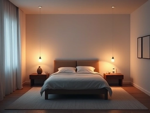 A serene, minimalist bedroom at twilight, with soft, indirect lighting creating a calming atmosphere. A neatly made bed is central, suggesting a peaceful sleep environment. Focus on light and color. 