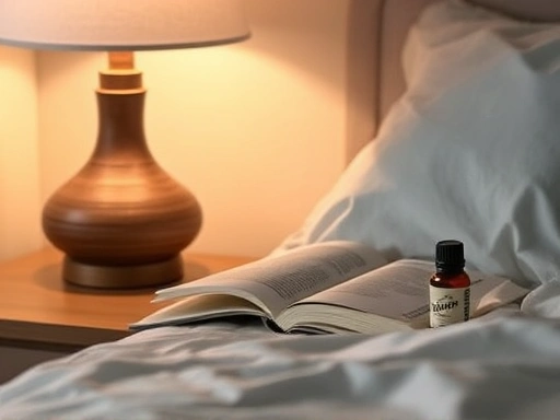 Close-up of a neatly arranged bedside table with a dimmed, warm-toned lamp, a book, and an essential oil diffuser, emphasizing elements that promote sleep quality.
