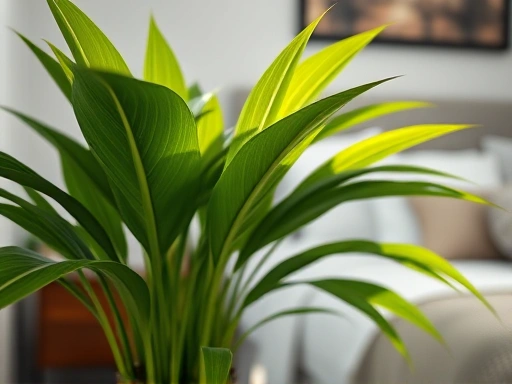 Close-up of a vibrant Areca Palm plant in a stylish pot inside a bedroom, focusing on its lush green leaves and showing a subtle mist, highlighting its natural humidifying effect.