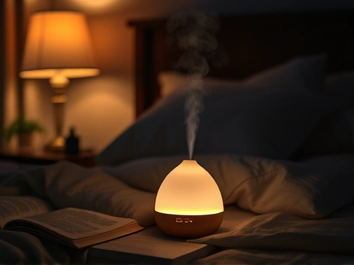 A cozy, dimly lit bedroom at night, with a modern essential oil diffuser releasing a gentle mist, a book on the nightstand, and soft lighting creating a peaceful ambiance for sleep. The focus is on the diffuser and the tranquil setting.