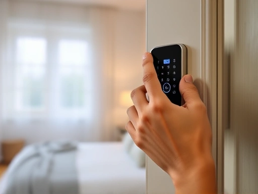 Close-up of a hand testing a modern, secure door lock or a smart home security panel, with a blurred background of a tranquil bedroom, symbolizing enhanced safety for better sleep quality.