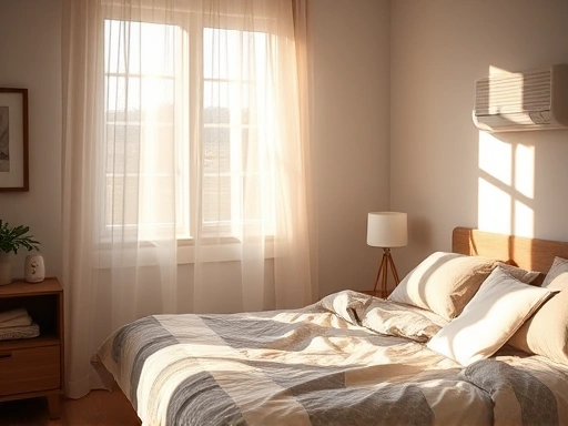 A cozy and inviting bedroom, bathed in soft, natural light, showcasing various elements for temperature management, such as a comfortable bed with layered bedding, a small humidifier, and a subtle air conditioner vent, with SEO keywords 