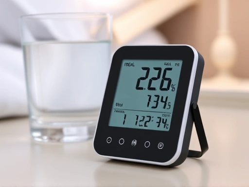 Close-up of a modern digital thermometer and hygrometer displaying ideal temperature and humidity readings, placed on a bedside table next to a glass of water. Highlight the clear display and the compact size of the device, emphasizing 