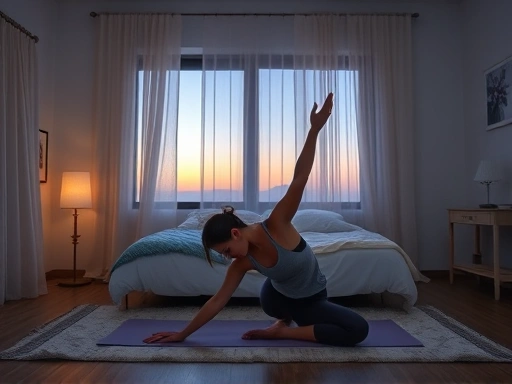 A serene bedroom scene at dusk, a person gently stretching on a yoga mat, dim lighting, soft colors, promoting relaxation before sleep, simple stretching, quiet atmosphere.