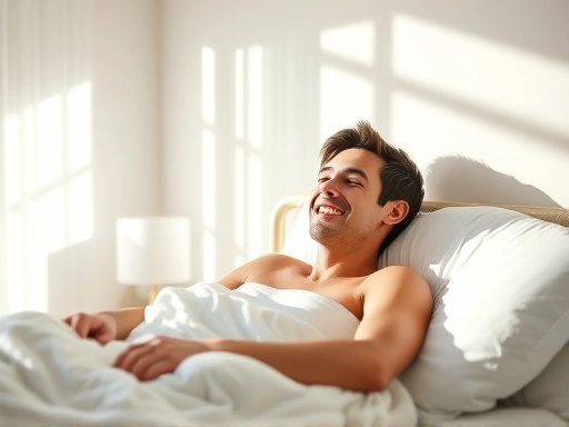 A person waking up refreshed and smiling in a brightly lit bedroom, with sunlight streaming through the window, surrounded by comfortable bedding, emphasizing a serene and productive start to the day. The scene should convey a sense of calm and well-being, highlighting the benefits of a consistent wake-up time.