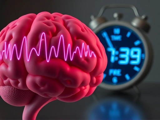 A close-up of a brain graphic or abstract representation showing synchronized brainwaves, with a digital clock in the background displaying an early, consistent wake-up time, symbolizing improved mental clarity and the positive effects of a stable circadian rhythm on cognitive function and productivity.
