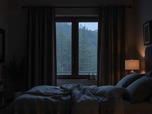 A cozy, dark bedroom scene with soft, dark blackout curtains effectively blocking daylight from a window, emphasizing a peaceful sleep environment.