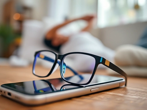 A close-up shot of blue light blocking glasses resting on a smartphone, with a blurred background of a cozy room and a person gently stretching, emphasizing eye care and healthy digital habits.