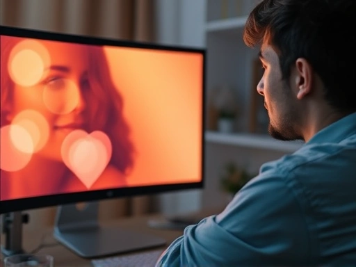 A person looking at a computer screen with a warm-toned filter, showing a comfortable and relaxed viewing experience, focusing on digital well-being and eye health with minimal blue light. 