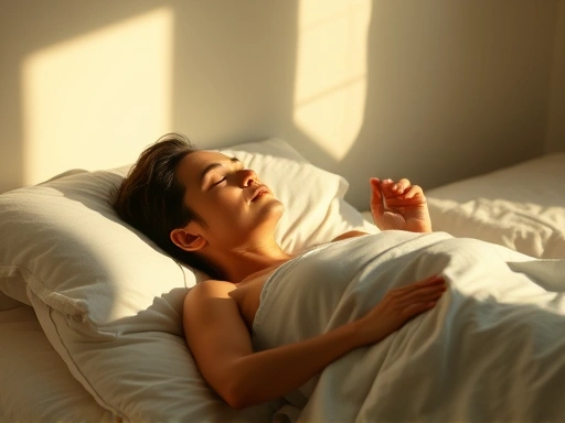 A peaceful person lying in bed, bathed in soft moonlight, practicing body scan meditation for deep sleep, serene atmosphere, focus on relaxation, calm colors.