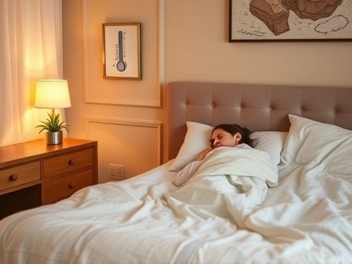 A cozy bedroom with a perfectly regulated temperature, showing a person sleeping peacefully under a light blanket, emphasizing the importance of optimal sleep temperature for better rest and body temperature regulation.