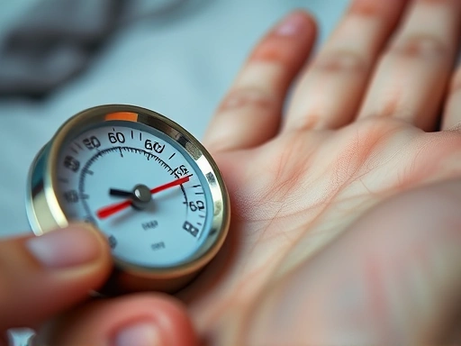 Close-up of a thermometer subtly indicating a slight drop in temperature next to a person's hand, conveying the concept of peripheral heat dissipation for sleep. Focus on scientific yet approachable visual, including keywords like core body temperature, peripheral warming, sleep science.