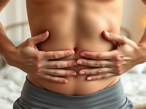 Close-up of a person's hands gently placed on their abdomen, illustrating diaphragmatic breathing technique, with a soft blurred background of a cozy bedroom, highlighting the gentle rise and fall of the stomach, focused on relaxation.