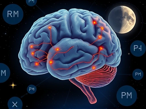 A detailed, scientific illustration of brain activity during REM sleep, showing active neural networks and perhaps an eye moving, highlighting the complex relationship between dreams and sleep quality. Focus on clarity and scientific accuracy.