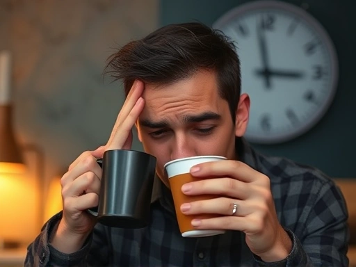 A person yawning and rubbing their eyes while holding a coffee cup, with a blurred clock in the background indicating late evening. The scene highlights sleep deprivation due to caffeine's effects.