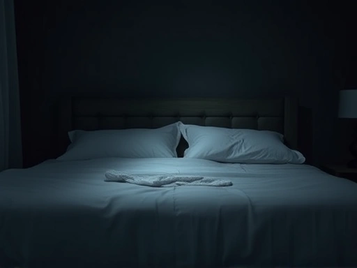 A close-up shot of a serene and dark bedroom with soft lighting and a neatly made bed, symbolizing a peaceful and calming sleep environment conducive to preventing bad dreams.