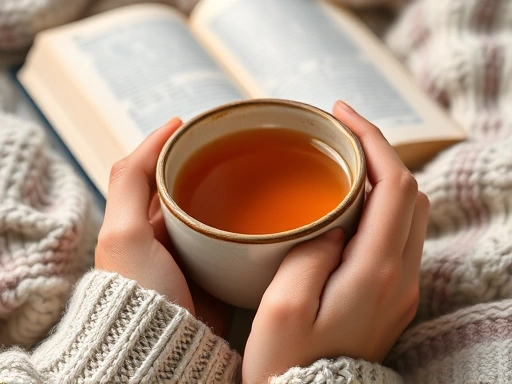 Close-up of hands gently holding a warm ceramic cup of herbal tea, soft focus on a physical book in the background, cozy blanket textures, promoting peace and comfort for bedtime ritual.