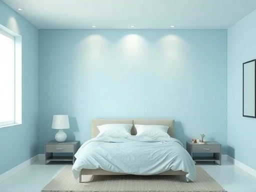 A serene and calm bedroom with light blue walls, soft diffused lighting, and a cozy bed. The atmosphere should feel peaceful and conducive to sleep, with muted and gentle colors emphasizing relaxation.