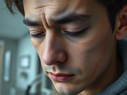 Close-up on a person's face showing signs of chronic fatigue and dark circles under eyes, suggesting underlying health issues related to excessive sleep, with a blurred background of a doctor's office.