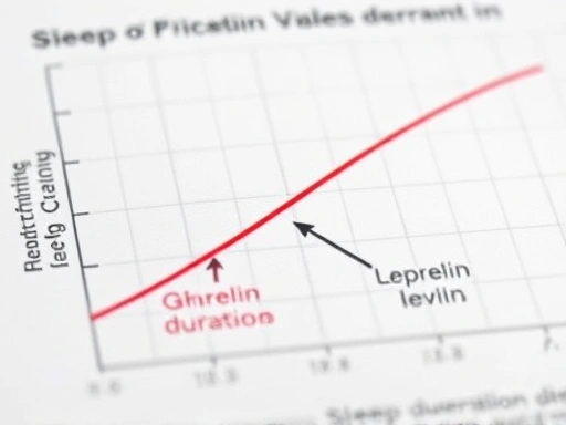 A close-up view of a scientific chart or graph illustrating the inverse relationship between sleep duration and ghrelin levels, and a direct relationship between sleep and leptin, with clear annotations.