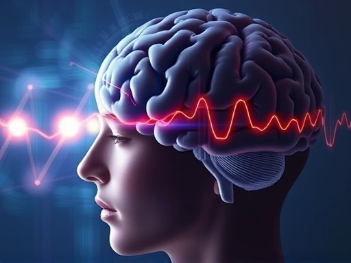 A close-up image of a person's brain with abstract light waves illustrating the circadian rhythm, showing how consistent sleep patterns align these waves for optimal health. Keywords: circadian rhythm, brain health, sleep science, sleep patterns.