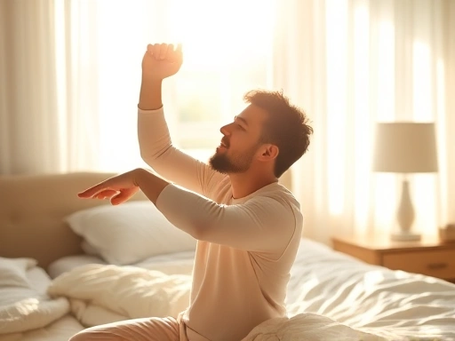 A person waking up in a bright, sunlit bedroom, stretching with a sense of calm and vitality, illustrating the start of a healthy circadian rhythm. Focus on the gentle morning light and peaceful atmosphere.