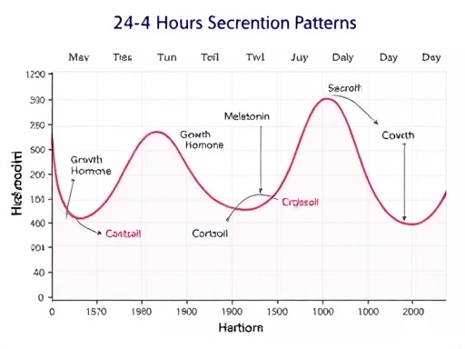 A detailed infographic or chart showing the 24-hour secretion patterns of various hormones like melatonin, cortisol, and growth hormone, with clear peaks and troughs indicating their cyclical nature. Clean and scientific design.