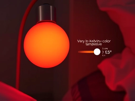 A close-up shot of a modern bedside lamp with a smart bulb, displaying a very low Kelvin color temperature (reddish-orange light), showing the adjustable brightness feature. Keywords: color temperature, brightness, smart lamp, sleep.