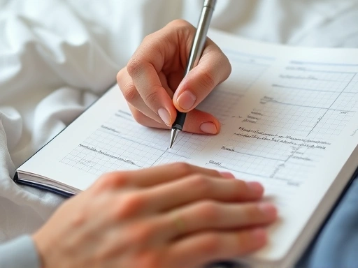 A close-up shot of hands holding a pen and writing in a notebook, symbolizing thought management and journaling before sleep to alleviate anxiety.