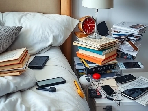 A close-up shot of a bedside table cluttered with various items like books, electronic devices, and random objects, emphasizing visual chaos and its potential impact on sleep and mental state.