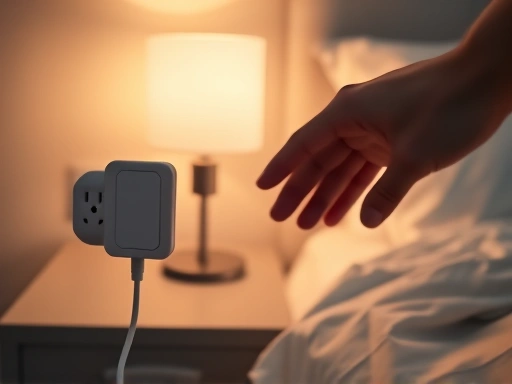 Close-up of a smart plug connected to a bedside lamp, emphasizing energy saving. Focus on a hand reaching to switch off a non-essential device, with a soft, warm glow from an energy-efficient bulb in the background, promoting restful sleep.