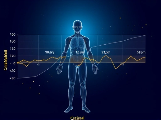 A detailed scientific illustration of the human body's circadian rhythm, showing cortisol levels fluctuating throughout the day and night, with a clear graph overlay demonstrating optimal sleep patterns and wakefulness. Incorporate themes of natural light and internal clocks for 