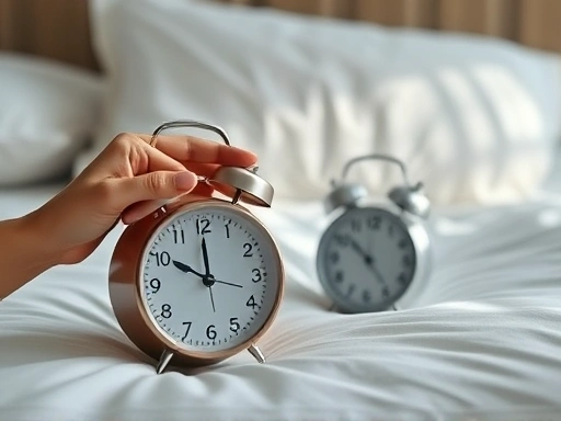 Close-up of hands setting an alarm clock next to a calm, neatly made bed, with soft, natural light, symbolizing effective daily sleep management and routine.