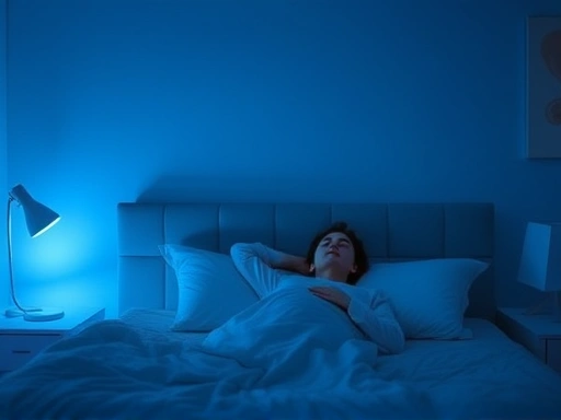 A peaceful bedroom scene at night, soft blue light, a person comfortably practicing deep breathing for sleep, emphasizing calm and relaxation with a subtle glow around them, in a minimalist style.