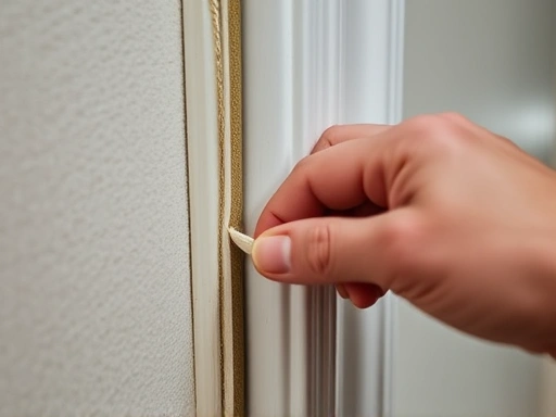 Close-up of a hand applying weatherstripping to a door frame, showing attention to detail in sound insulation. Focus on the texture of the material and the sealing action.